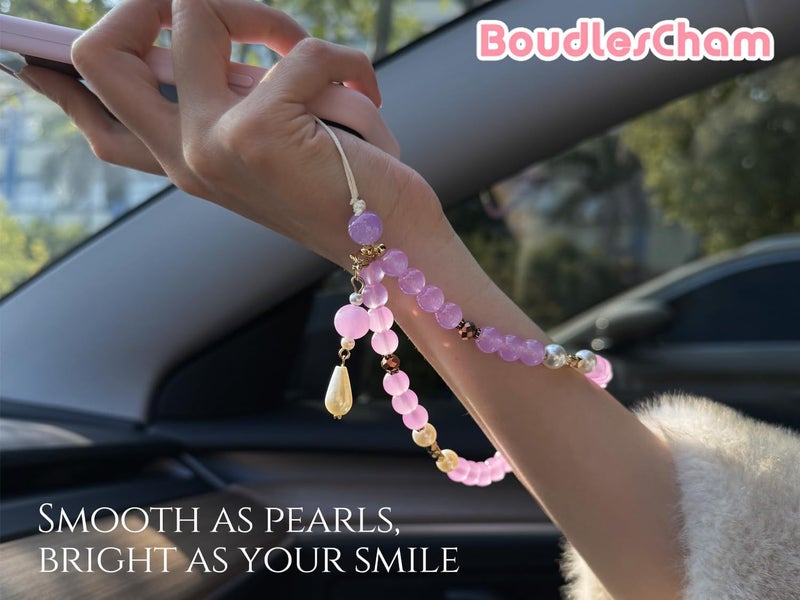 BoudlesCham Phone Charm – Cute Pearl Beaded Wrist Strap for Women, Aesthetic Phone Chain Wristlet for iPhone, Pixel, Camera & More, Perfect for Gifts, Birthdays & Holidays(Purple) - Image 2